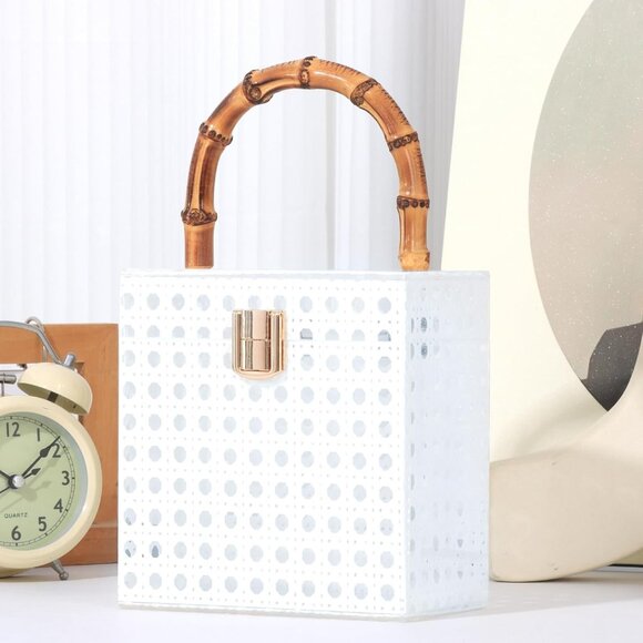 White Rattan Acrylic Clutch Bag for Formal Events Compact Summer Beach Handbag - Picture 4 of 7